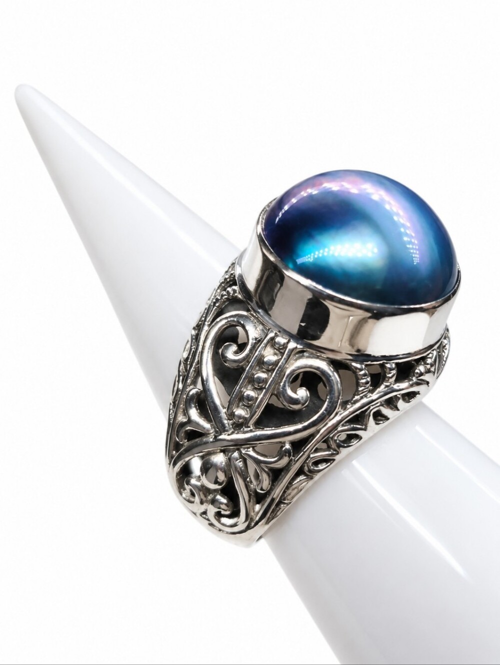 Bali Legacy Blue Mabe Pearl 925 Sterling Silver Filigree Ring Size 7 NWT